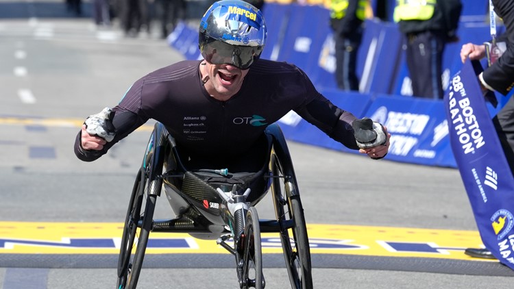 Hug recovers from crash for 7th Boston Marathon wheelchair title. Rainbow-Cooper takes women's race