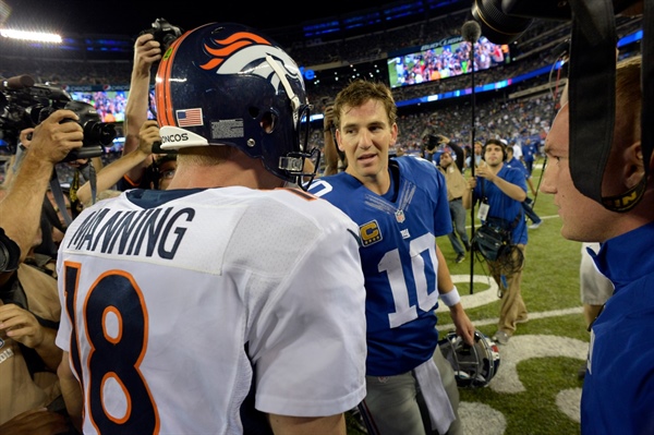 Peyton and Eli Manning film ManningCast video at Denver school