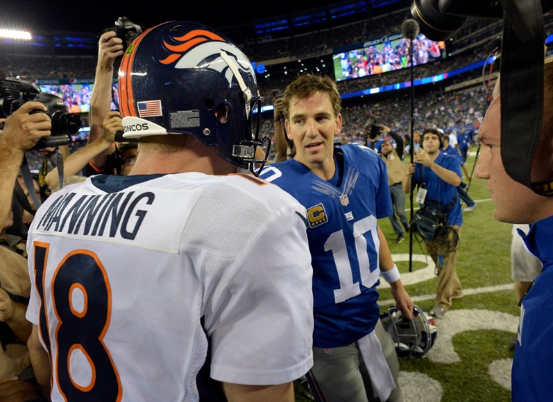 Peyton and Eli Manning film ManningCast video at Denver school