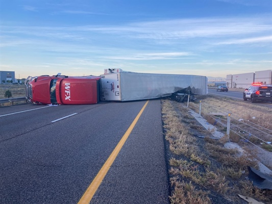 Tipped semi closes eastbound I-76 through Commerce City